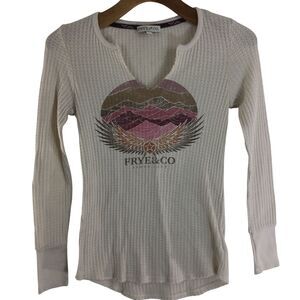 Frye & Co Women Split Crew Neck Long Sleeve Western Waffle Knit Graphic Shirt XS